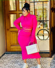 Fuchsia slim-fit maxi dress with high neck and long sleeves