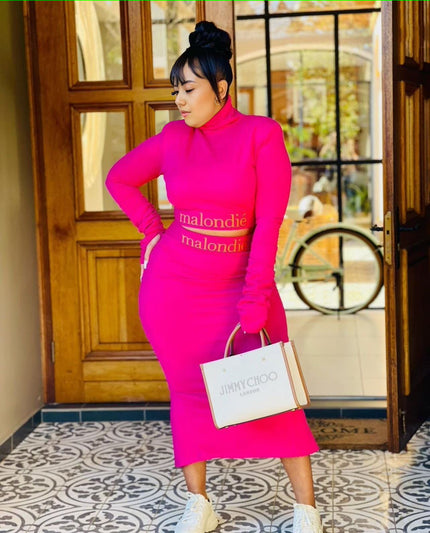 Fuchsia slim-fit maxi dress with high neck and long sleeves