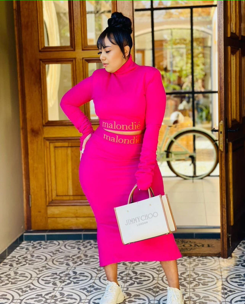 Fuchsia slim-fit maxi dress with high neck and long sleeves