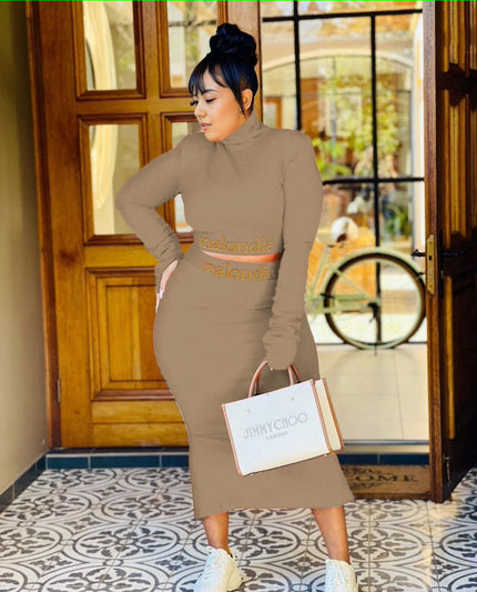 Taupe slim-fit maxi dress with high neck and long sleeves