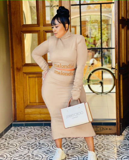 Beige slim-fit maxi dress with high neck and long sleeves
