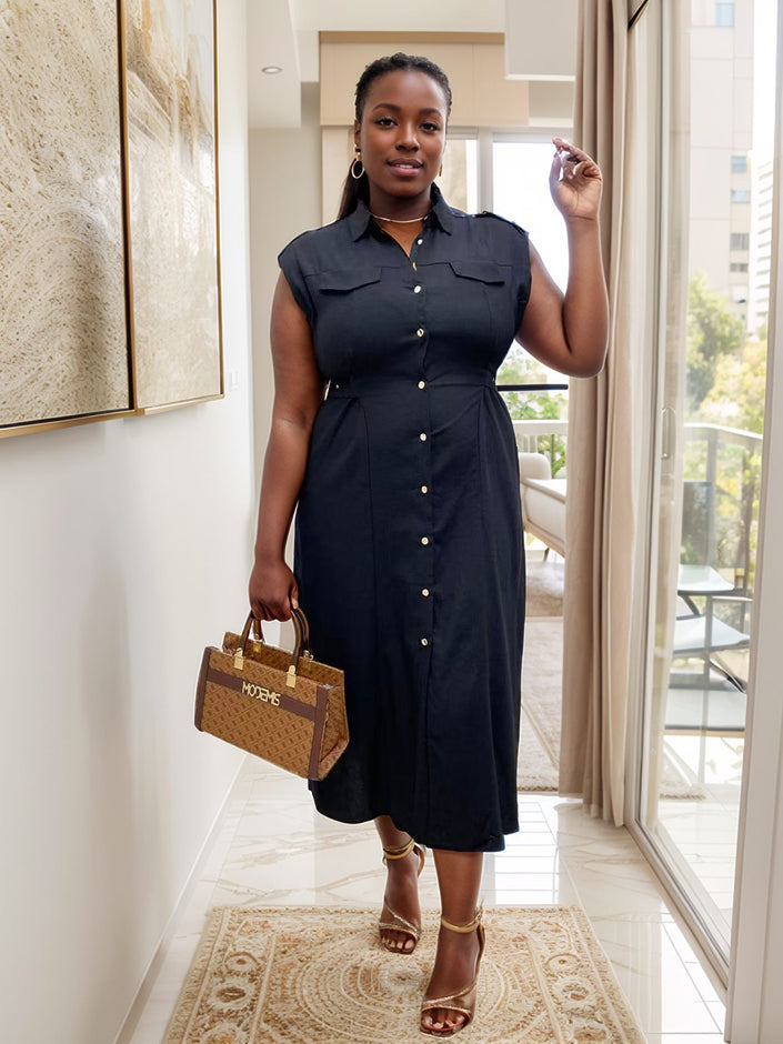 Black sleeveless midi shirt dress with flap pockets and button front