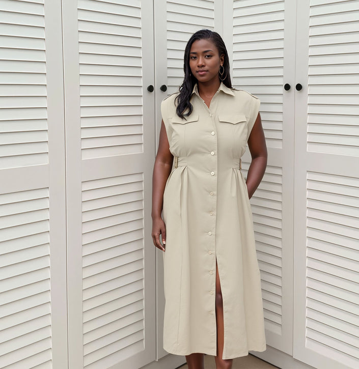 Midi Shirt Dress  Sleeveless Flap Pocket