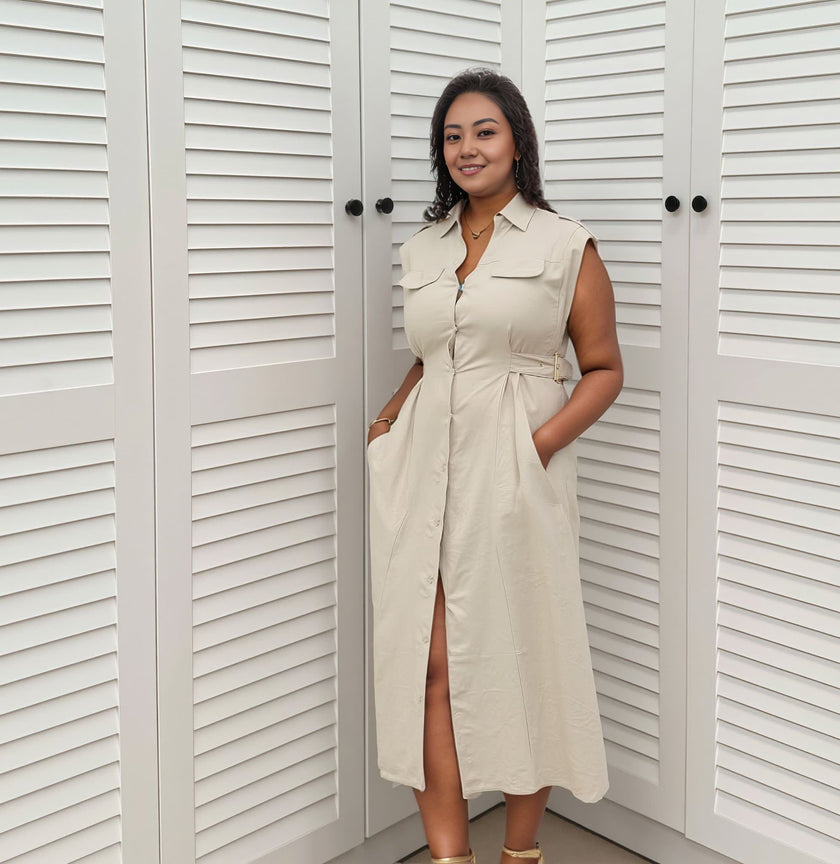 Sleeveless Midi Shirt Dress for Women｜Button-Front Design｜Flap Chest Pocket