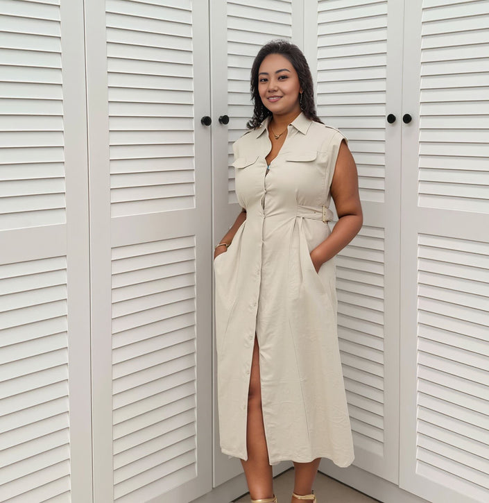 Midi Shirt Dress  Sleeveless Flap Pocket