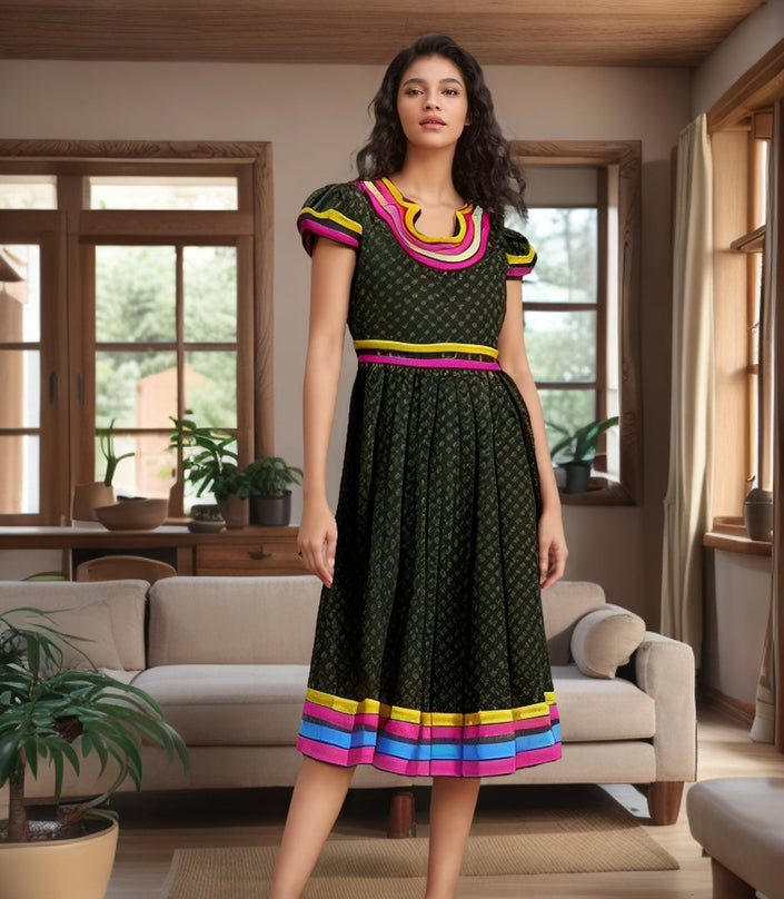 Dark green midi dress with striped puff sleeves and multicolor trim