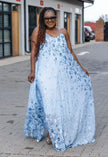 Floral maxi dress with spaghetti straps, light blue sleeveless tiered skirt