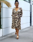 Leopard print midi dress with V-neck and puff sleeves