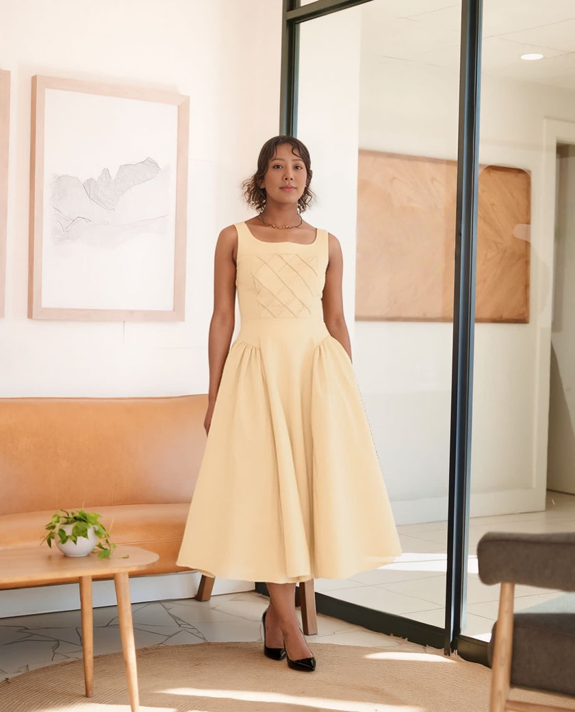 Elegant Quilted Square Neck Midi Dress