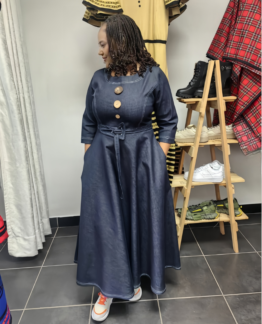 Long-Sleeve Flared Midi Denim Dress with Button Accents