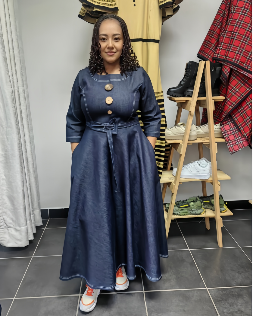 Long-Sleeve Flared Midi Denim Dress with Button Accents