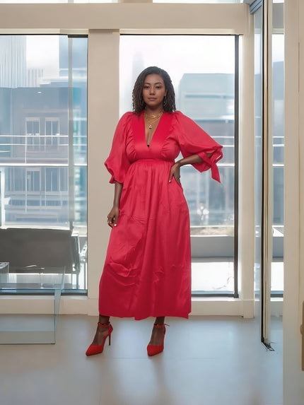 Red midi dress with puff sleeves and V-neck, gathered waist