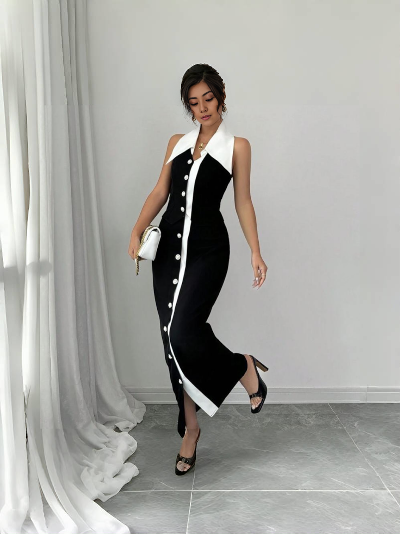 Sleeveless Slim-Fit Patchwork Midi Dress with Front Button Detail