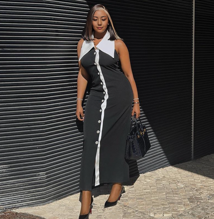 Sleeveless midi button-front dress with black-and-white colorblock, slim fit