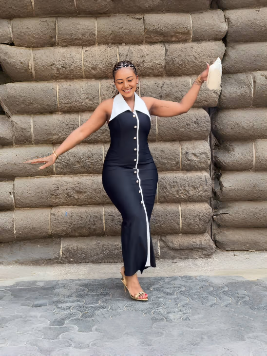 Sleeveless Slim-Fit Patchwork Midi Dress with Front Button Detail