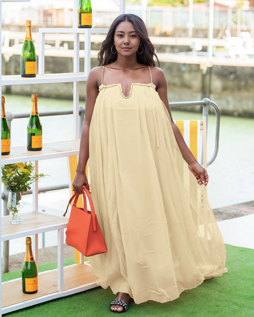 Women's Sleeveless Flowy Maxi Dress – Spaghetti Straps, Loose Fit, Waterfront Style