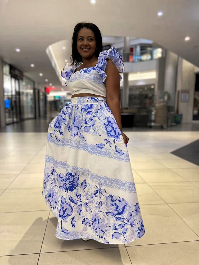 ummer Floral Print Ruffle Sleeveless Top and High-Waisted Maxi Skirt Set