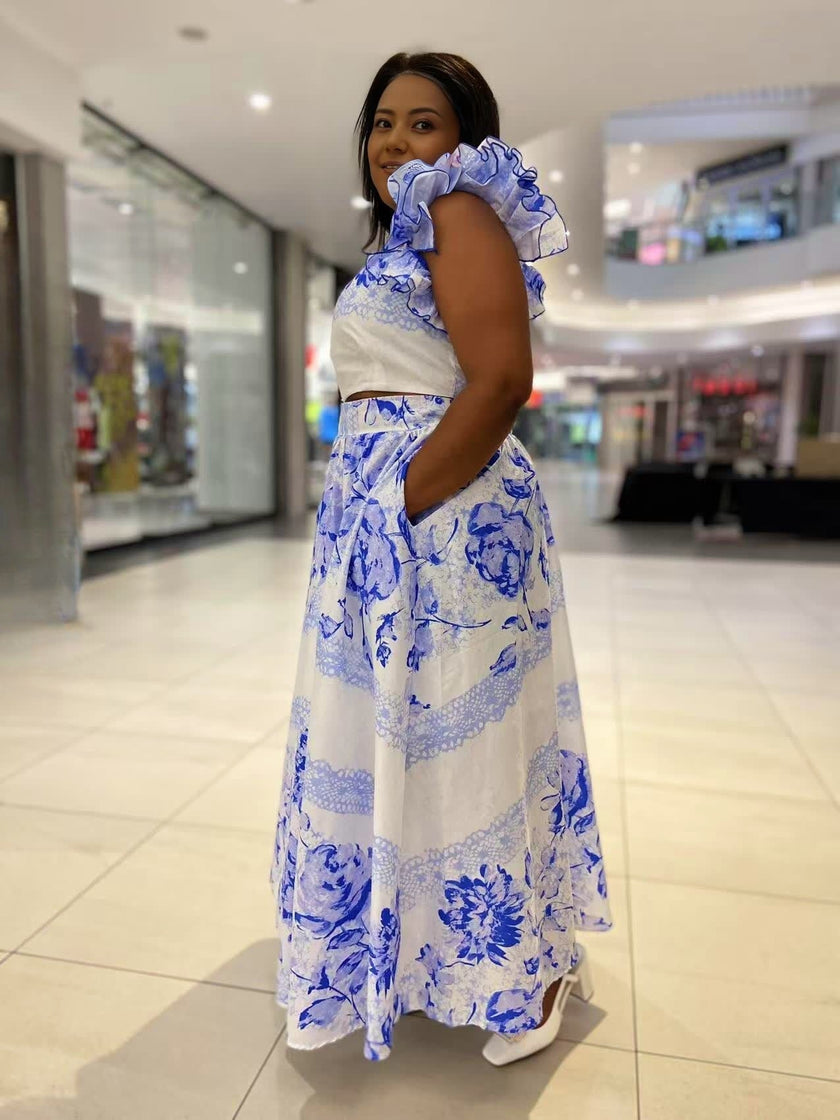 ummer Floral Print Ruffle Sleeveless Top and High-Waisted Maxi Skirt Set