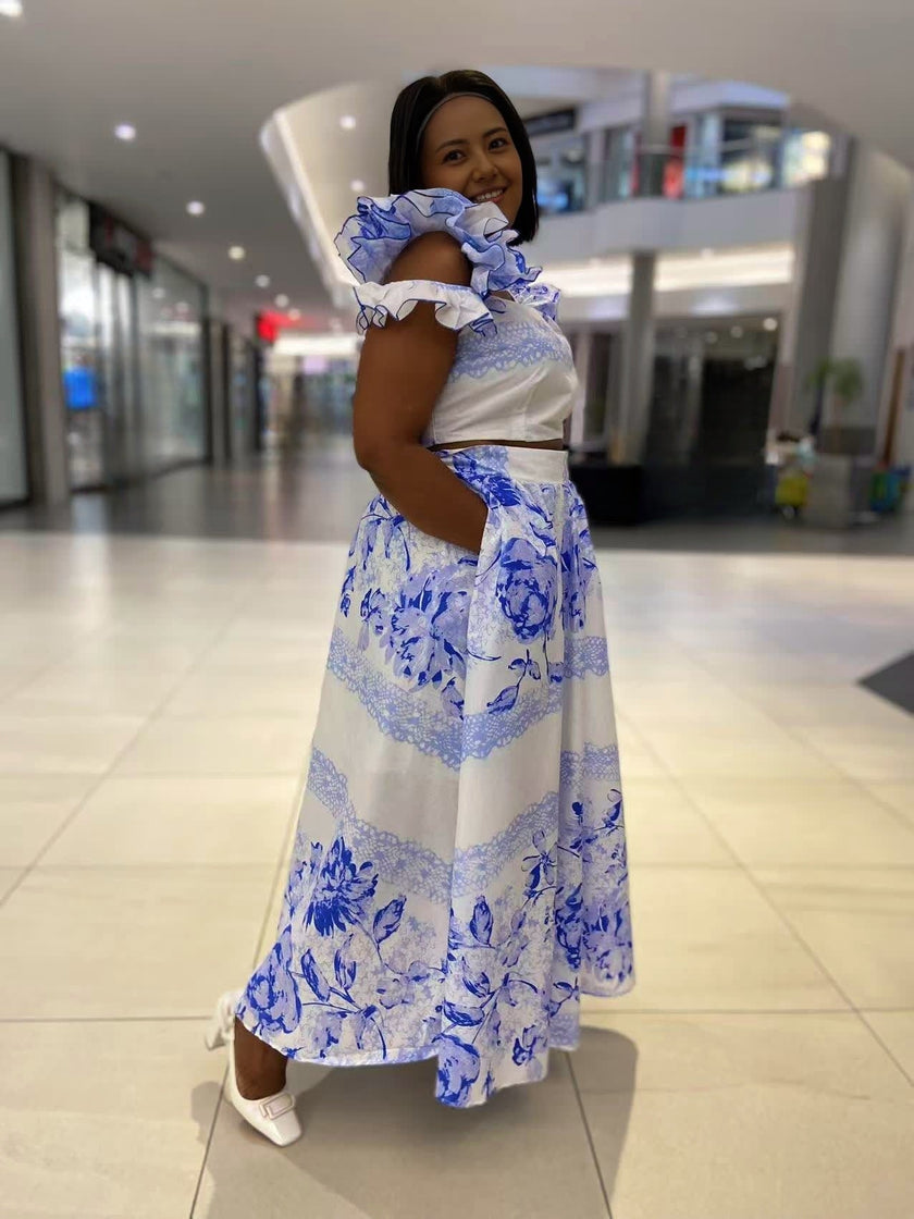 ummer Floral Print Ruffle Sleeveless Top and High-Waisted Maxi Skirt Set