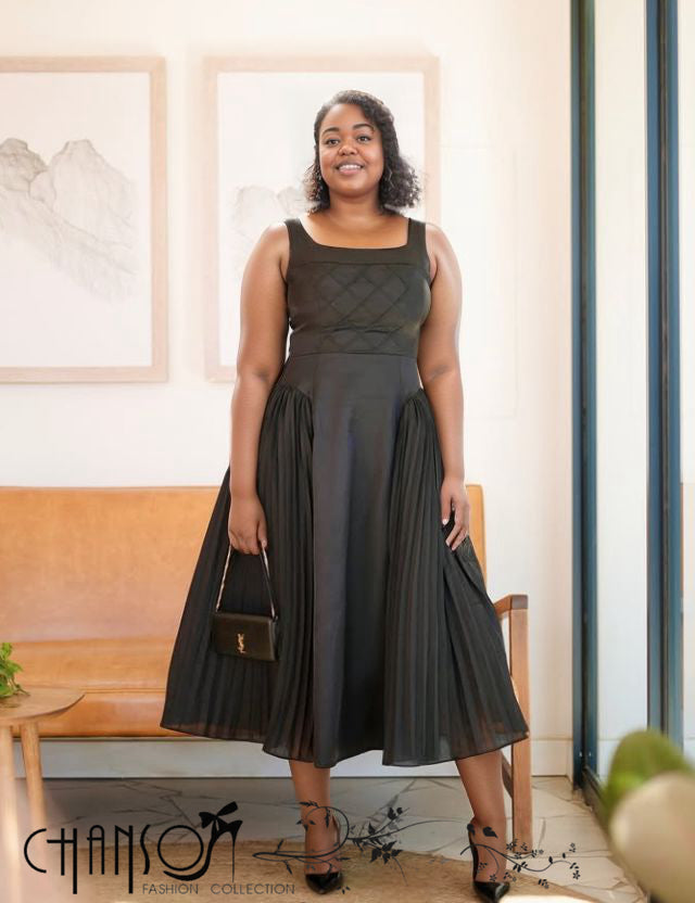 Black sleeveless square-neck midi dress with quilted bodice and pleated tulle skirt