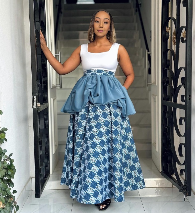 White Top and Geometric Pattern Long Skirt Twin Set