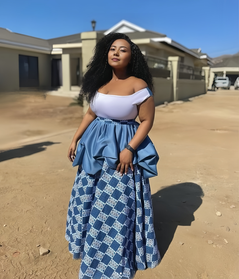 White Top and Geometric Pattern Long Skirt Twin Set