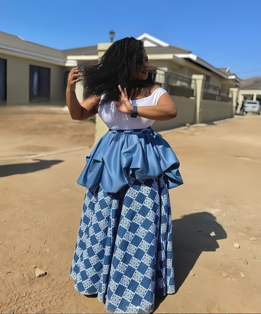 White Top and Geometric Pattern Long Skirt Twin Set