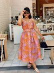 Tropical leaf midi dress with waist tie, sleeveless V-neck, orange-pink print