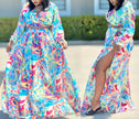 Abstract print maxi dress with long sleeves and wide waist belt, V-neck