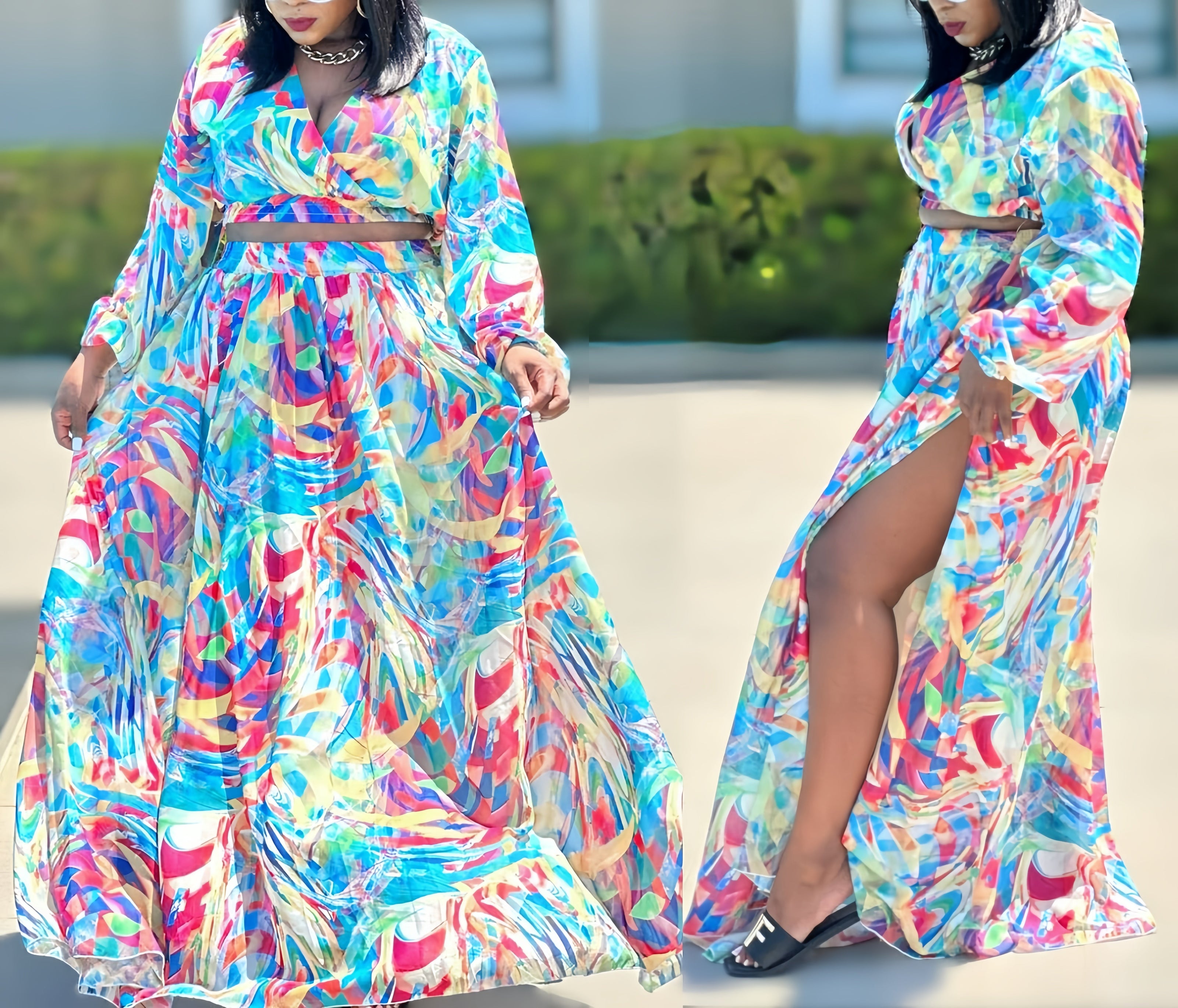Abstract print maxi dress with long sleeves and wide waist belt, V-neck
