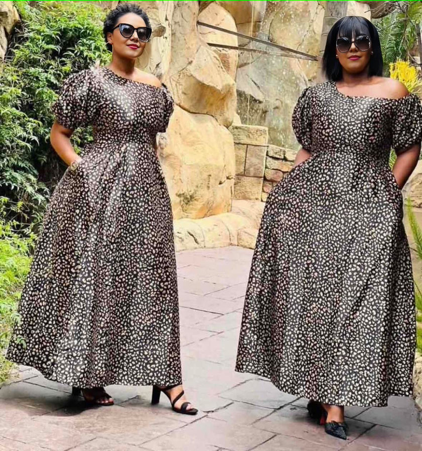 Elegant Floral Print Midi Dress with Puffed Sleeves