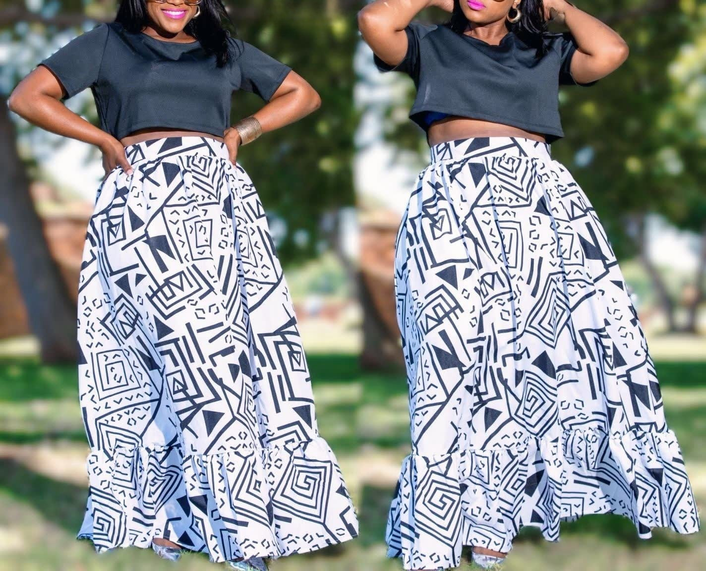Geometric Twin Set Crop Top Maxi Skirt Chic Outfit