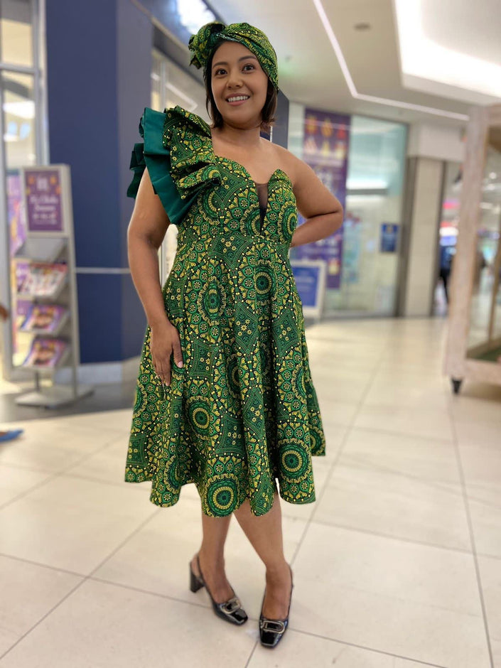 FashionPrice Ruffle One Shoulder Dress – African Print Midi