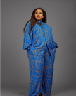 Geometric print shirt and pants set in blue with button-front collar and wide-leg pants