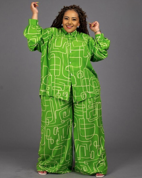 Geometric print shirt and pants set in bright green with puff sleeves and wide-leg pants