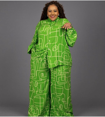Geometric print shirt and pants set in bright green with button-front collar and wide legs