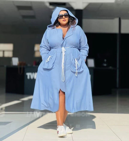 Sky-blue midi hooded dress, long sleeves, drawstring waist, front patch pockets, split hem
