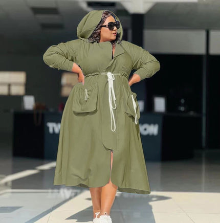Dark-olive midi hooded dress, long sleeves, drawstring waist, front patch pockets, split hem