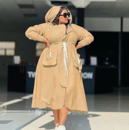 Burlywood midi hooded dress, long sleeves, drawstring waist, front patch pockets, split hem