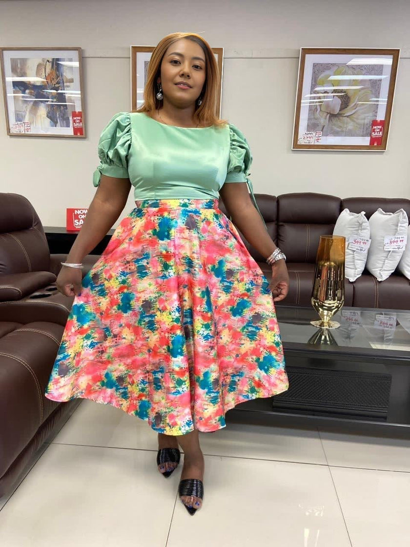 Puff Sleeve Blouse and Floral Print Flared Skirt Set