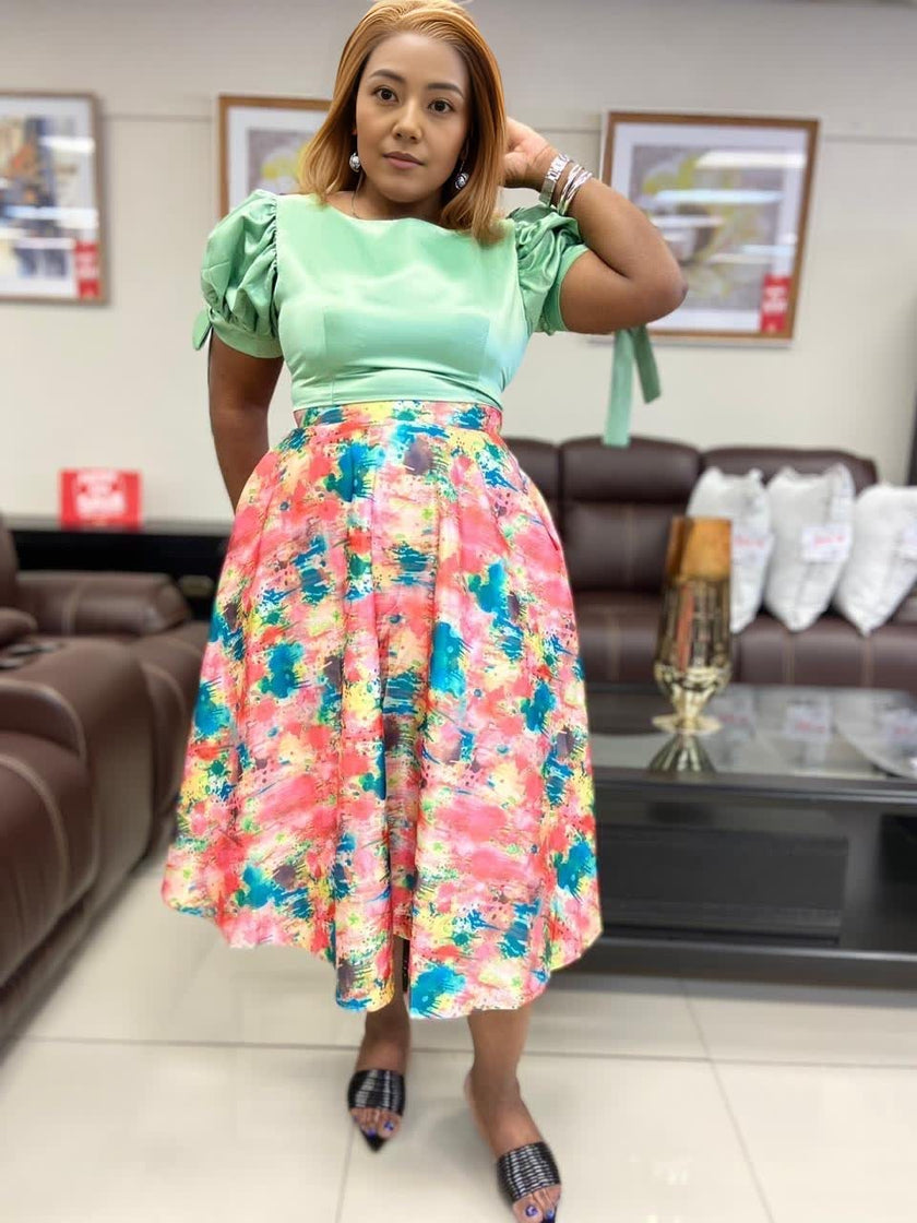 Puff Sleeve Blouse and Floral Print Flared Skirt Set