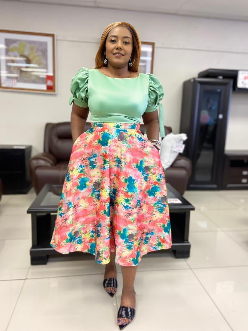 Puff Sleeve Blouse and Floral Print Flared Skirt Set