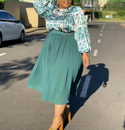 Teal pleated midi skirt with gathered waistband
