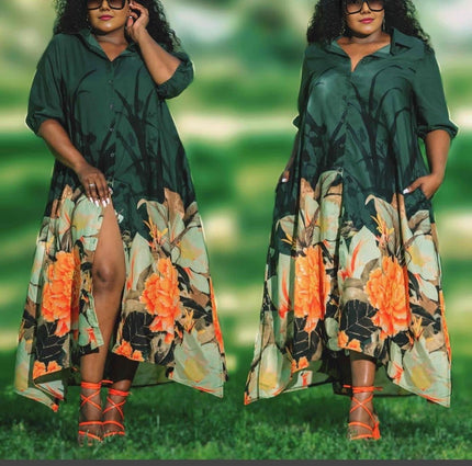 Floral maxi dress with green collared button front and orange flower print skirt