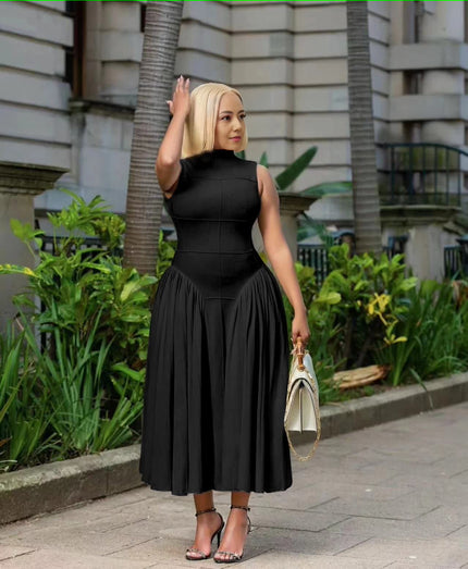 Black pleated midi A-line dress, sleeveless high neckline, fitted bodice and skirt