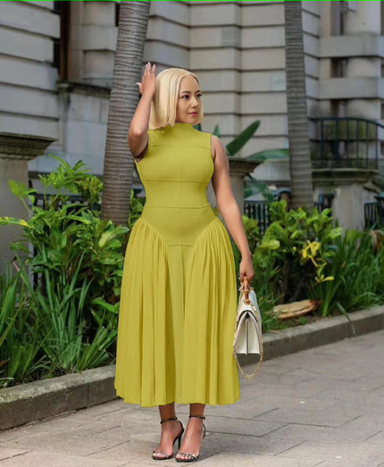 Lime yellow pleated midi A-line dress, sleeveless high neckline, gathered flared skirt