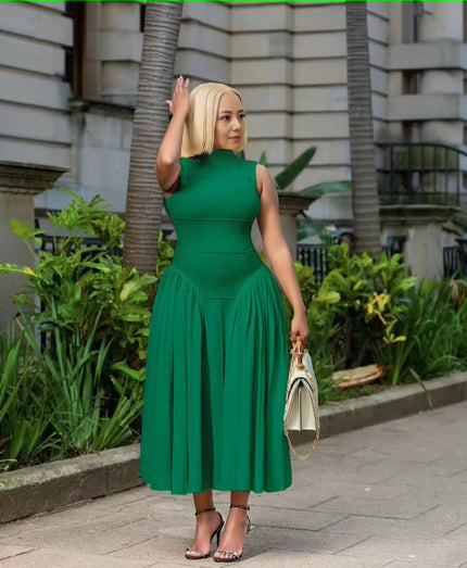 Dark green pleated midi A-line dress, sleeveless high neckline, gathered flared skirt