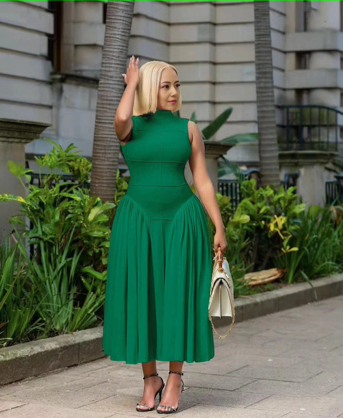 Dark green pleated midi A-line dress, sleeveless high neckline, gathered flared skirt