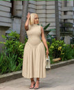 Cream pleated midi A-line dress, sleeveless high neckline, fitted bodice
