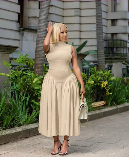 Cream pleated midi A-line dress, sleeveless high neckline, fitted bodice